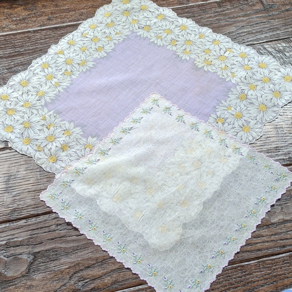 Vintage Lot of 2 Purple & White Floral Hankies